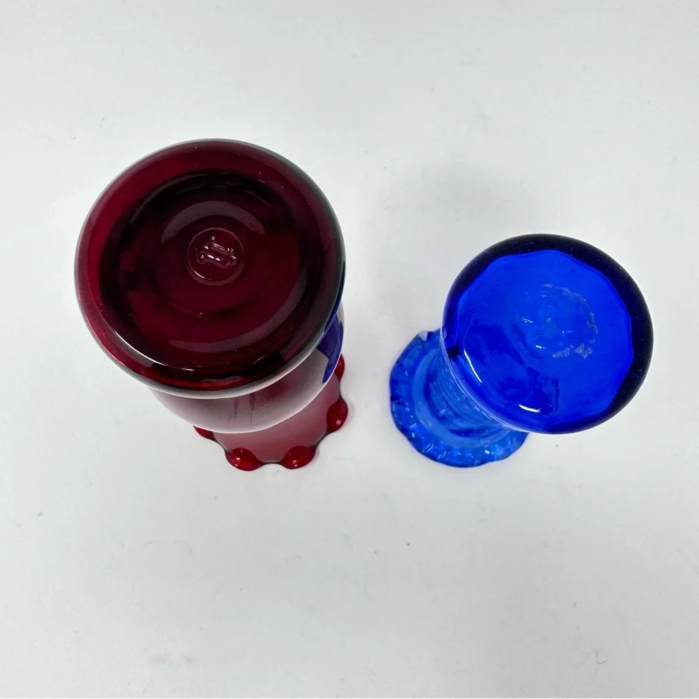 Vintage Glass Bud Vases Anchor Hocking Royal Ruby Red & Cobalt Blue Ruffled Rim